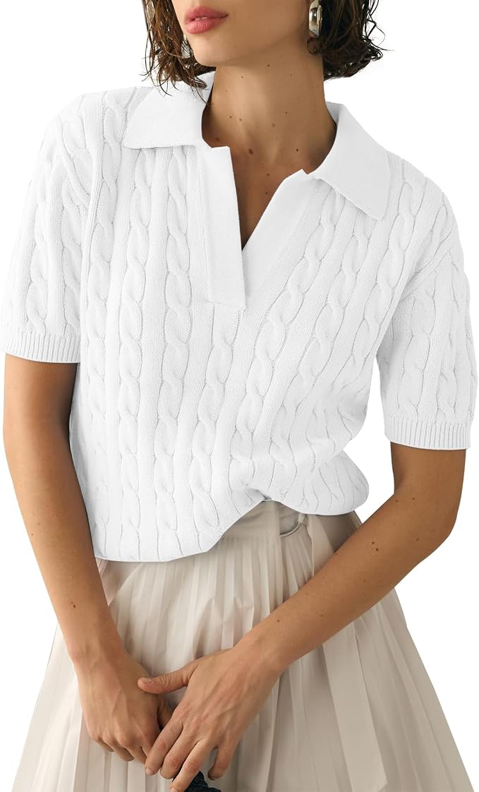 Imily Bela Womens Cable Short Sleeve Sweaters Tops Lapel V Neck Knit Shirt | Solid,Knit Casual,Soft Pullover,Fall Sweaters,Womens Summer Work Tops