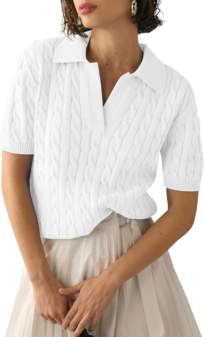 Imily Bela Womens Cable Short Sleeve Sweaters Tops Lapel V Neck Knit Shirt | Solid,Knit Casual,Soft Pullover,Fall Sweaters,Womens Summer Work Tops