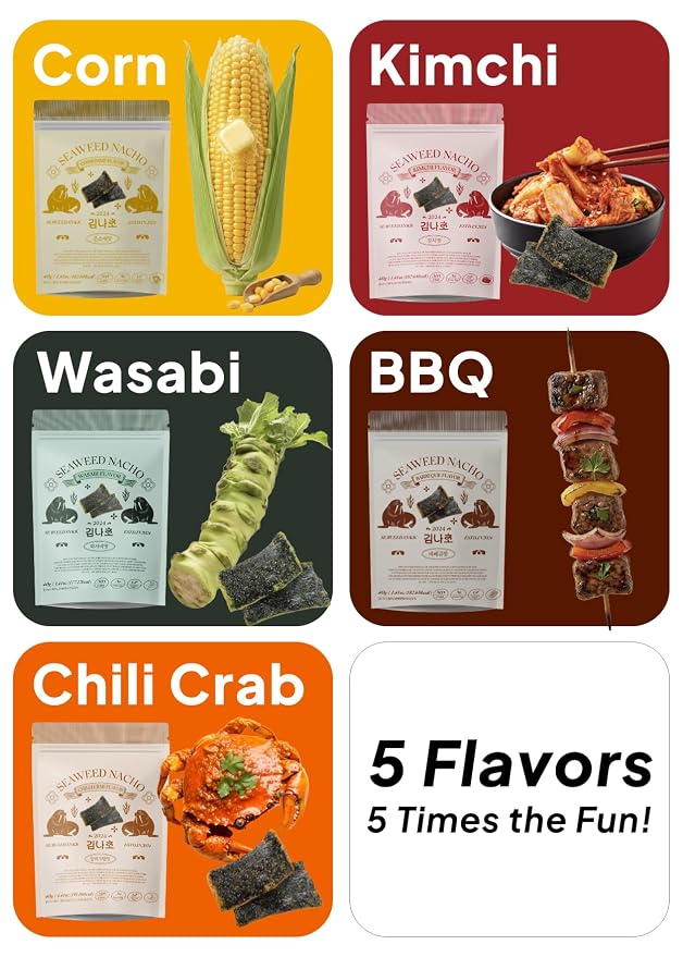 Korean Food Seaweed Nachos Variety Pack, 5 Flavor, Crispy Snack, 5 Pack | Variety pack featuring kimchi, sweet corn, BBQ, wasabi, and chili crab flavors