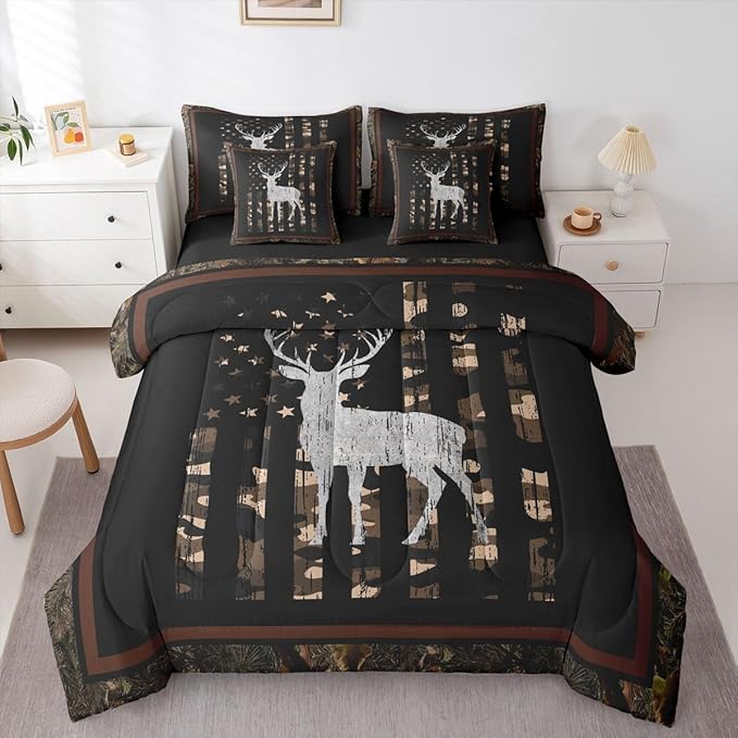 Feelyou Hunting Camo Deer Comforter Set Twin Size 7 Pieces Camo Wild Animal Bedding Set for Kids Boys Girls American Flag Bed in a Bag with Comforter, Sheets, Pillowcases, Cushion Covers Bedroom Decor