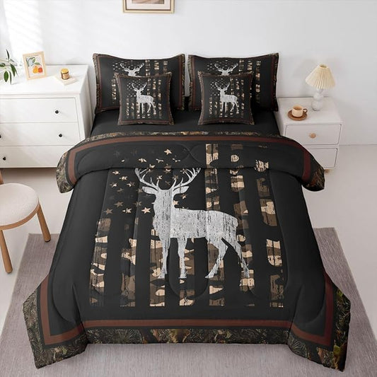 Feelyou Hunting Camo Deer Comforter Set Twin Size 7 Pieces Camo Wild Animal Bedding Set for Kids Boys Girls American Flag Bed in a Bag with Comforter, Sheets, Pillowcases, Cushion Covers Bedroom Decor