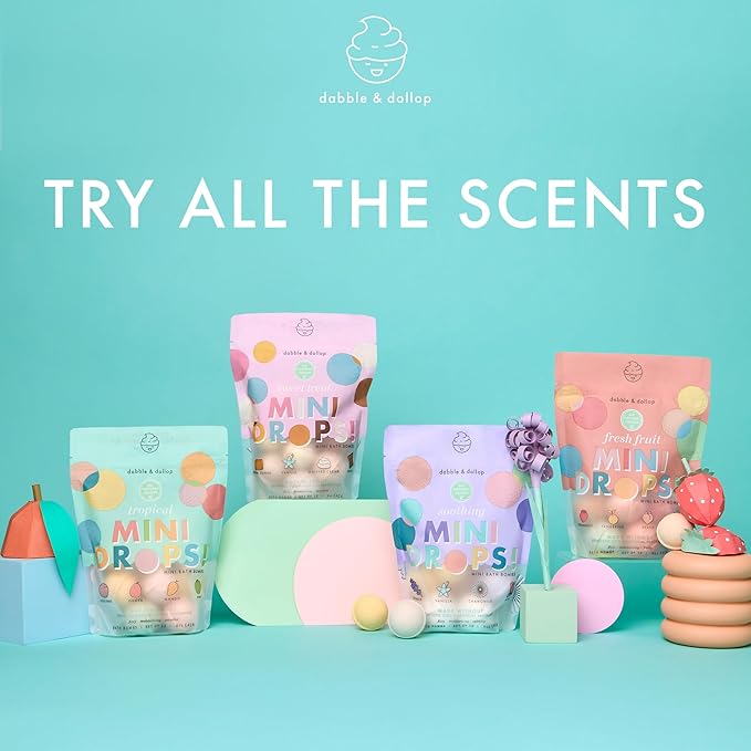 Dabble & Dollop Mini Bath Bombs, 100% Natural Droplets for Kids, Soothing Scents - Resealable Pouches, Fizzy, Moisturizing & Fun, Vegan, Gluten-Free, Cruelty-Free (Set of 24)