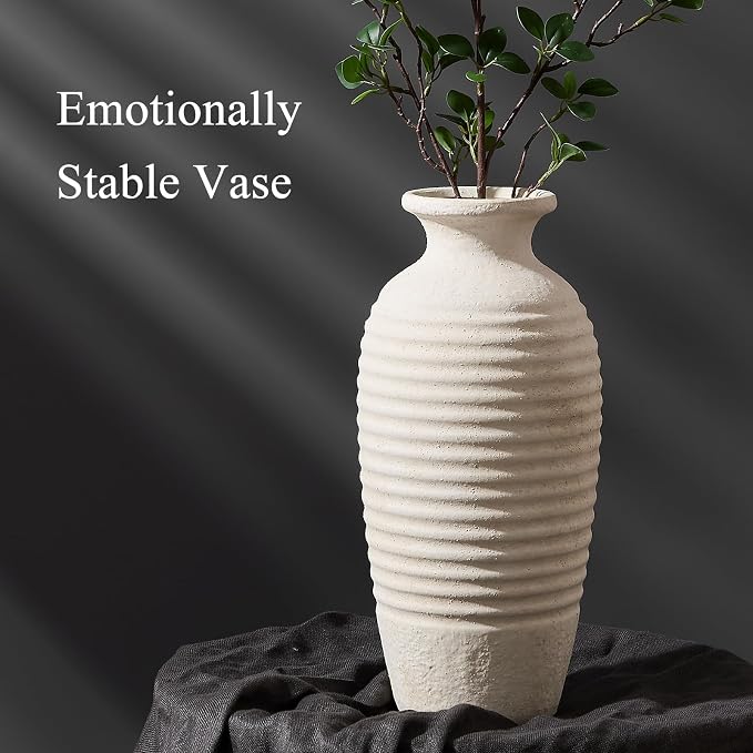 Vaseking Ceramic Natural Rustic Vase, 14.4 Inch Large Vintage Flower Threaded Decorative Farmhouse Tall Vase for Home Decor, Living Room, Shelf Decor, Wedding, Housewarming Gift, Off-White