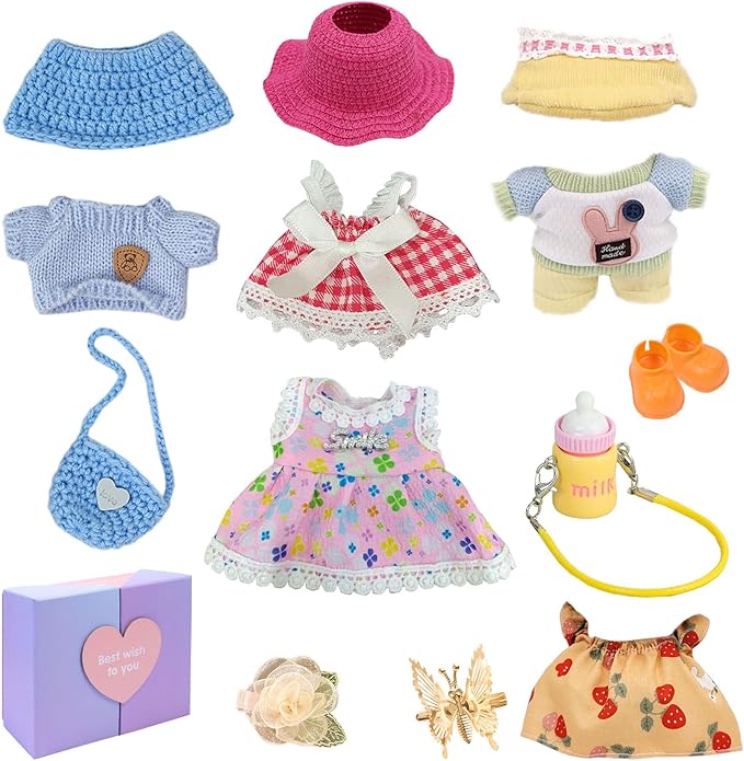 17cm Doll Clothes Set (No Doll) –5-Pack Handmade Outfits with Accessories for 6.7” Dolls, Premium Cotton Clothing with Gift-Ready Packaging, Perfect for Dress-Up and Collectors (FH3, 5)