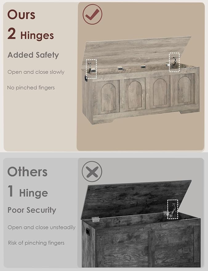 Storage Chest, Wooden Toy Box, Gray Wash 47.2" L | Entryway Shoe Bench, 2 Soft-close Hinges, Finger-safe Flip-Top Lid, Easy Assembly, Farmhouse Large Trunk, Living Room/Bedroom