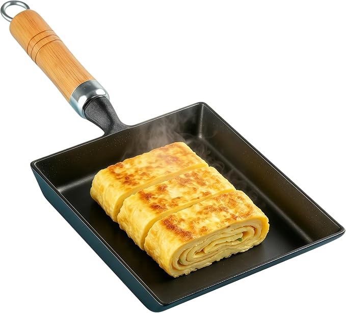 Cast Iron Tamagoyaki Pan Japanese Egg Omelette Pan Skillet Wooden Handle