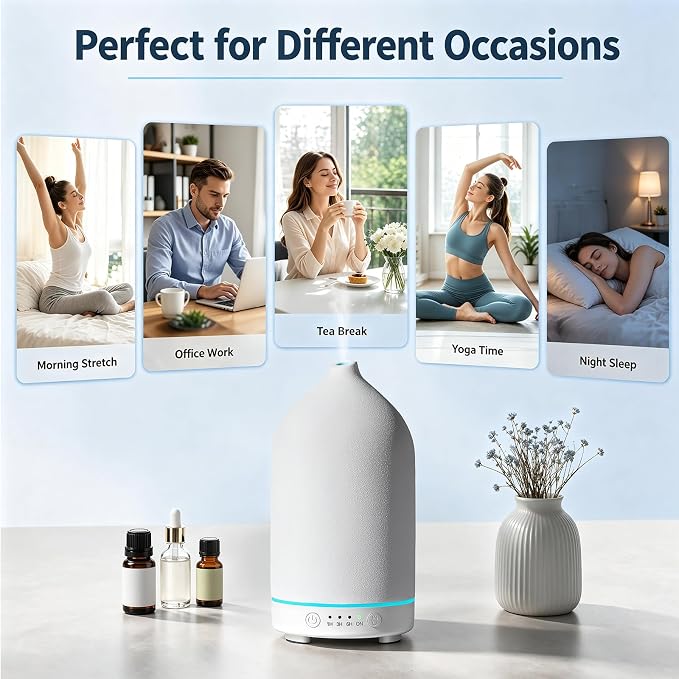Gooamp 200ML Ceramic Essential Oil Diffuser - Ultrasonic Aromatherapy & Humidifier with 7-Color LED Lights, Auto Shut-Off, White, 1H/3H/6H Timer | Scent for Home,Office,Yoga