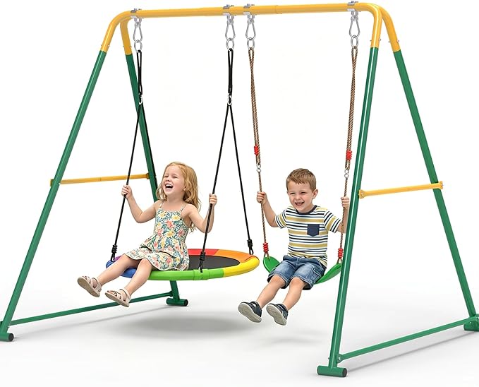 2-in-1 Swing Set for Backyard for Kids, with 1 Platform Swing, 1 Belt Swing, 440lbs Metal Swing Set for Toddler, Heavy-Duty Swing Stand w/8 Ground Stakes, Outdoor Swingset for Kids Adults (Green)