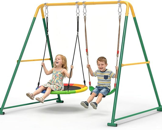 2-in-1 Swing Set for Backyard for Kids, with 1 Platform Swing, 1 Belt Swing, 440lbs Metal Swing Set for Toddler, Heavy-Duty Swing Stand w/8 Ground Stakes, Outdoor Swingset for Kids Adults (Green)