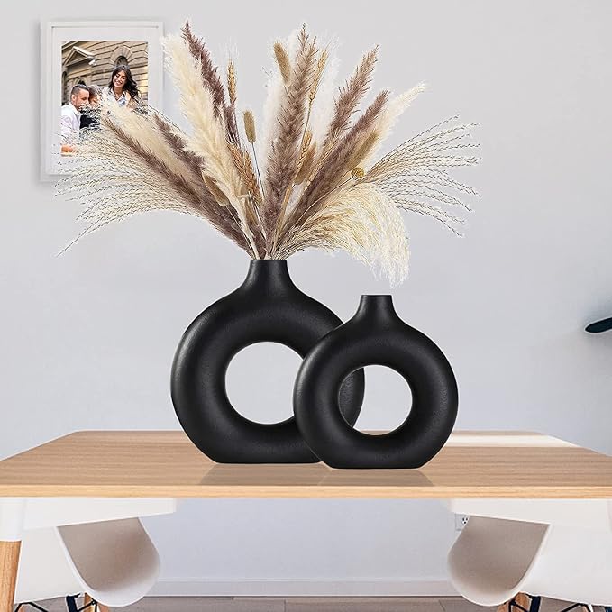 Black Ceramic Vases Set of 2, Modern Design for Home Decor,Black Style for Pampas Grass Matte Ceramic Vase for Farmhouse Living Room Kitchen Bedroom Mantle Coffee Dining Table Decoration