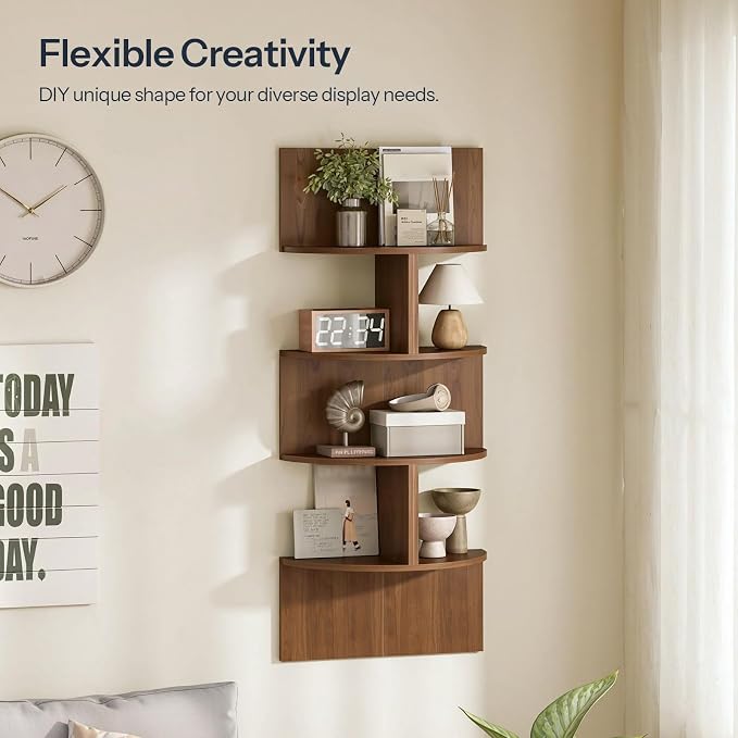 HOOBRO Corner Shelf Wall-Mounted, Set of 2 Floating Corner Shelves for Wall, 4-Tier Corner Bookshelves for Living Room, Bedroom, Bathroom, Home Office, Walnut WL25BJP201