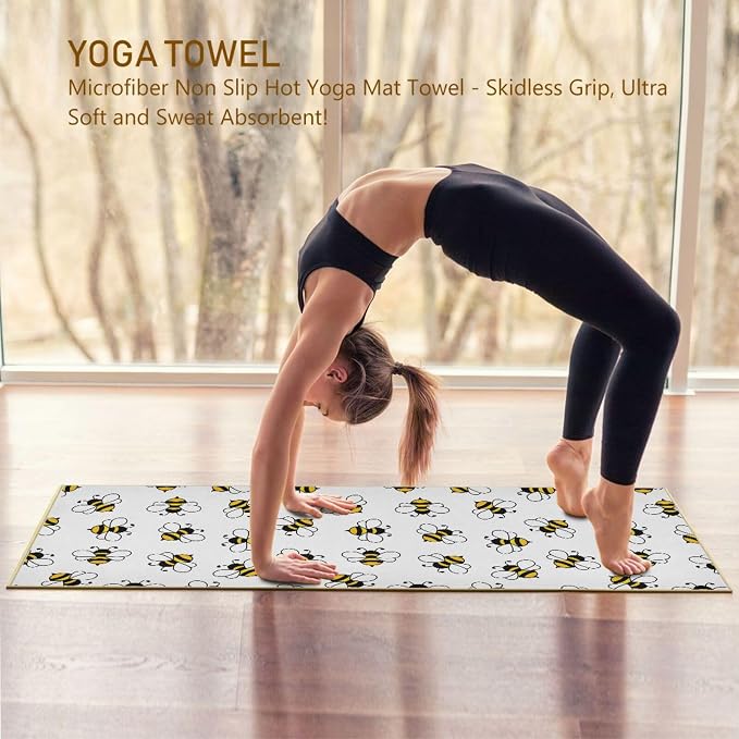Non Slip Yoga Towel 73 x 27 in Honey Bee Sweat Absorbent Yoga Mat Towel for Hot Yoga, Pilates and Workout