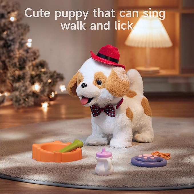 OR OR TU Walking Barking Toy Dog with Remote Control Leash, Plush Puppy Electronic Interactive Toys for Kids, Wag Tail, Singing, Pretend Dress Up Realistic Stuffed Dog Age 3 4 5 6 Years Old Best Gift