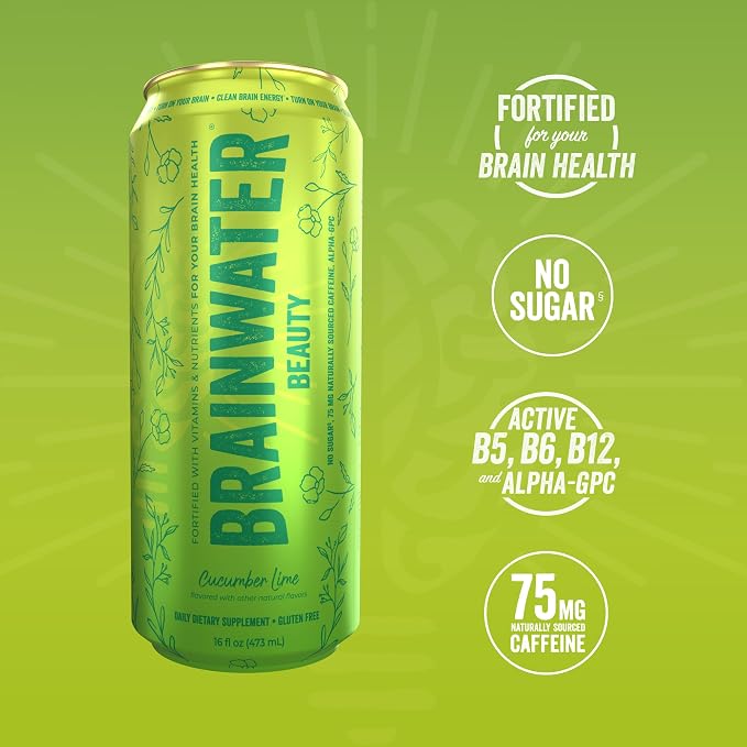 BrainJuice BrainWater Calm, Water for Clean Energy, Focus & Relaxation Support, Gluten Free, Zero Sugar Drinks with Ashwagandha, Alpha GPC, Vitamin C & B, Organic Green Tea, 8 Pack (Cucumber Lime)