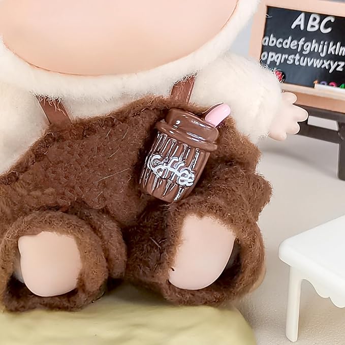 Doll Clothes for 17cm Dolls, Cute Outfit Set with Accessories, Bucket Hat and Overalls (No Doll) (Bear Overalls Set)