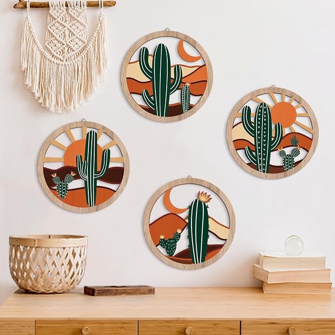 HPNIUB Boho Cactus Wall Decor, Rustic Desert Tropical Botanical Hanging Wood Sign for Living Room, Round Southwest Plant Wooden Plaque, Sun and Moon Wall Art for Apartment Office(10''x10'')