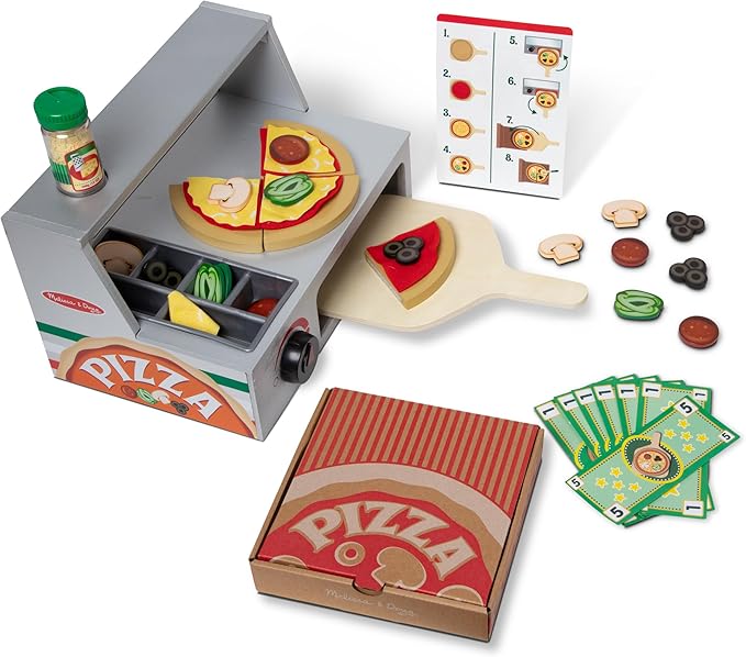 Melissa & Doug Top & Bake Wooden Pizza Counter Play Set with Play Food (41 Pcs) Preschool Toy Pizza, Wooden Food Set, Pretend Sets For Kids Ages 3+ - FSC-Certified - FSC Certified