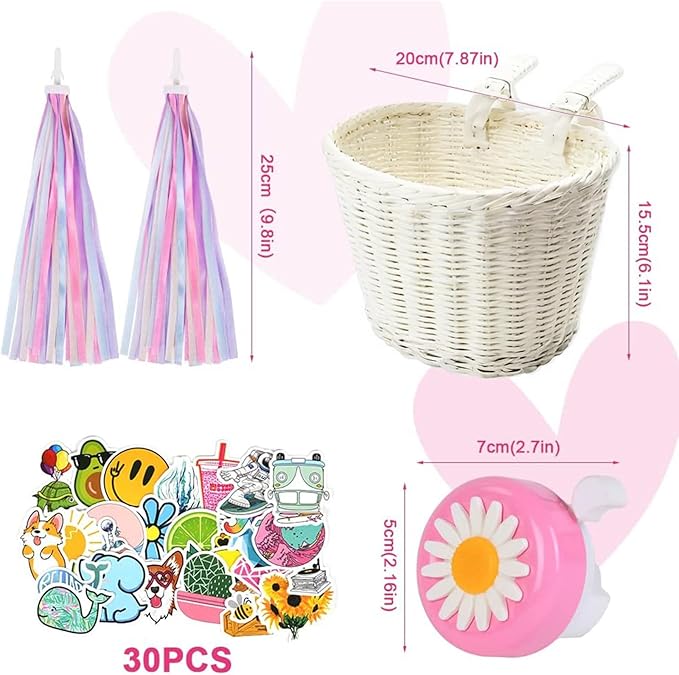 Kid's Bicycle Basket,Colored Tassels Wicker Front Handlebar Bike Basket Handlebar with Streamers Bell and Stickers,Bicycle Decoration for Girls and Boys