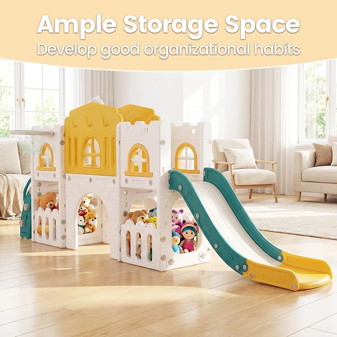 OLAKIDS Toddler Slide, Kids Indoor Outdoor Playground with Climber Basketball Hoop Telescope Tunnel Corridor Toy Storage Steering Wheel for Boys Girls Aged 1+ (Yellow, 70'')