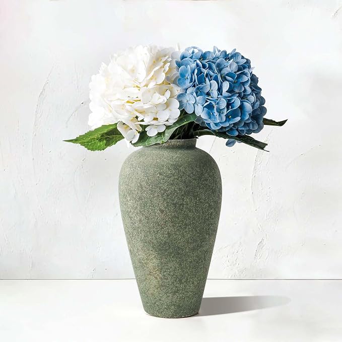 Green Ceramic Vase 11 Inch, Large Tall Decorative Vase for Centerpieces, Farmhouse Rustic Flower Vase for Home Decor, Living Room, Console, Wedding
