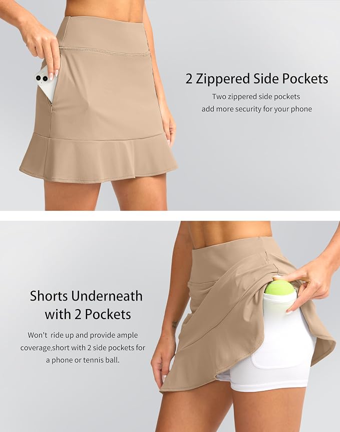 16" Golf Skorts for Women with 5 Pockets | Athletic, Tennis Skirt, High Waisted, Pickleball, Travel, Casual, Lightweight, Ruffle Summer Skirt, with Shorts