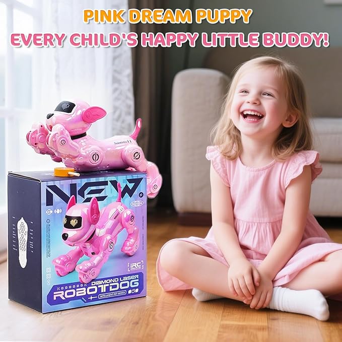 VATOS New Kids Smart Remote Control Robot Dog,17 Fun Interactive Functions Intelligent Programmable Kids Robotic Puppy with 2 Batteries, Singing Dancing Walking Robot Dog Toy for Girls 3-8 Year Pink