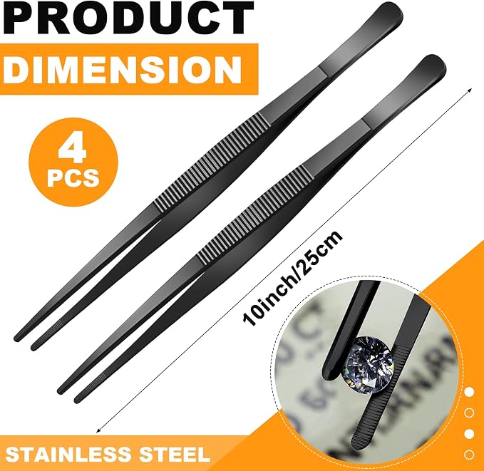 Yaomiao 4 Packs 10 Inch Bar Tweezers Black Cocktail Tongs Long Garnish Tweezers Stainless Steel Bartender Kitchen Cooking Tongs for Cocktail Food Fruit Korean BBQ Bartender Chef, Multi-use