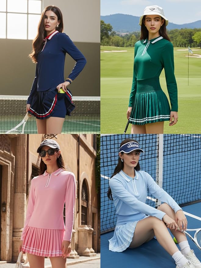 Women's 2-Piece Tennis Skirt Set, Polo V-Neck Top & High-Waisted Pleated Skirt, Athletic Outfit for Golf Pickleball