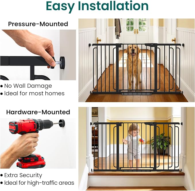 Cumbor 30.4-56.8" Extra Wide Baby Gate for Stairs, Dual Lock & Self-Closing Dog Gate Indoor, Easy Install Pet Gate for Doorways & Wide Openings, Easy Walk Thru Safety Proofing for Babies & Pets, Black