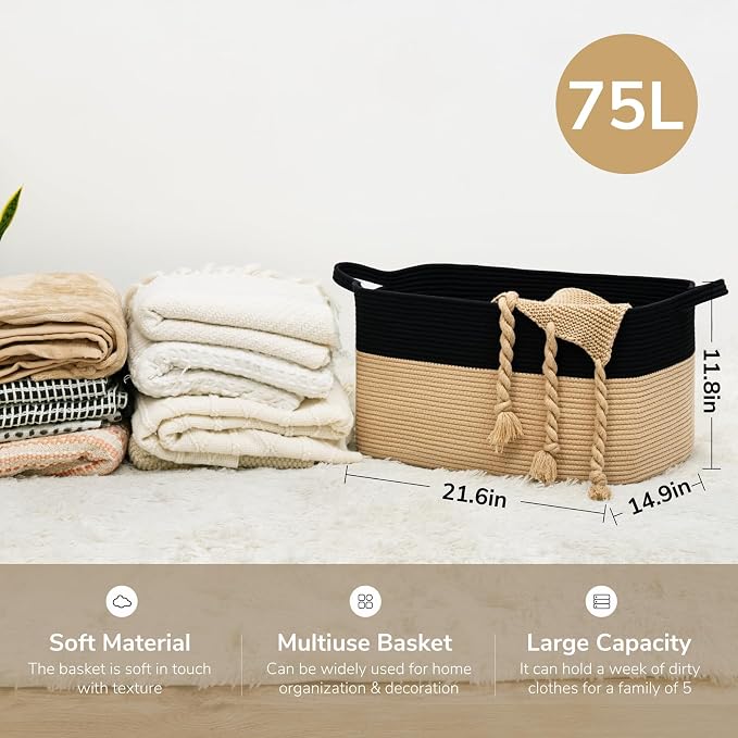 Goodpick Large Woven Blanket Basket, Rectangle, Black & Camel | 21.6'' x 14.9'' x 11.8'' Wicker Storage Basket for Toys & Blankets, Bedroom & Nursery Organization, Reinforced Handles