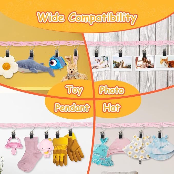 Munzong Stuffed Animal Storage Chain 80 Inch, 4pcs Pink Hanging Stuff Animals organizer, Cotton Toy Display Chain with 80 Clips, Toys Organizers Holder for Toddler Kids Nursery Room Wall Corner Decor