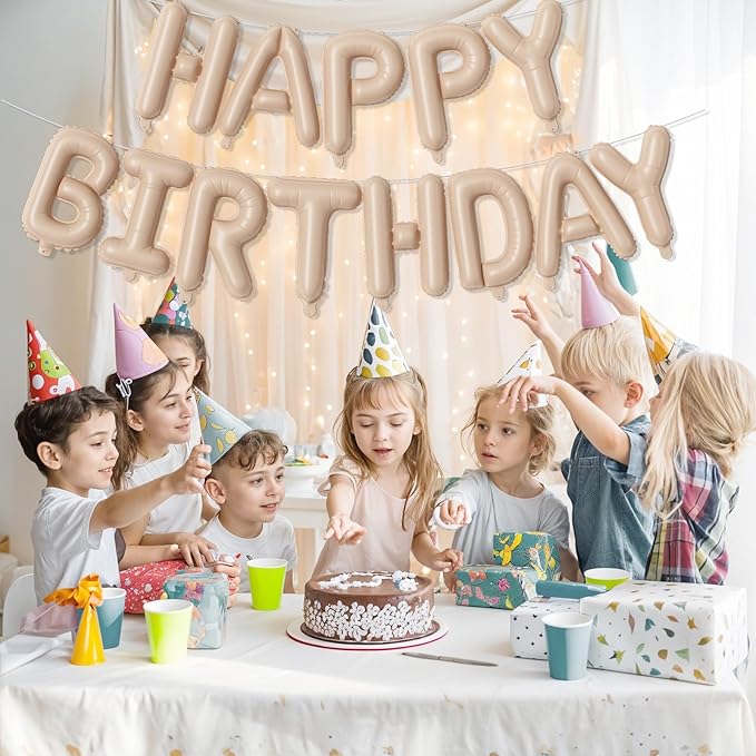 Happy Birthday Balloon Banner Beige, 16 Inch Neutral Tan Self Inflating Happy Birthday Foil Balloon, Nude Born Day Bunting Banner Letter Balloons for Men Women Bday Party Decorations Supplies