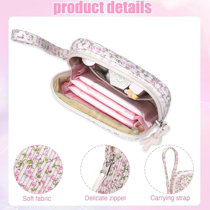 Small Makeup Bag | Discreet Period Bag Pad Pouch for Purse | Sanitary Napkin Storage & Tampon Holder for Travel (Flower Pink)