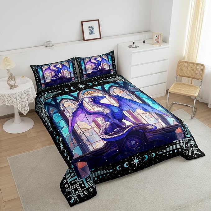 Feelyou Dragon Comforter Set Toddler Size Dragon Stuff Comforter for Boys Girls Teens Modern Bedding Set Dragon Decor Duvet Set Room Decor Purple Quilt Set