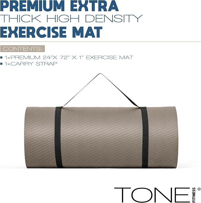 Tone Fitness 1-Inch Thick Yoga Mat | High-Density, Non-slip Exercise Mat with Carrying Strap for Yoga, Pilates, & Home Gym Workouts | Multiple Options