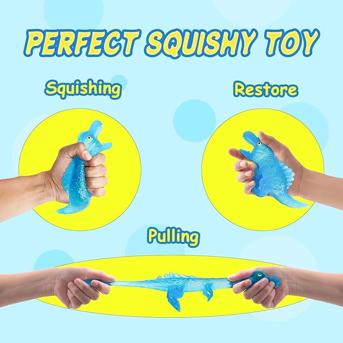 BENSE 4.4" Squishy Sensory Fidget Toy with Dinosaur - Realistic Stress Relief Fidget Toy for Kids & Adults, Anxiety Relief Party Favors & Birthday Gift for Boys Girls (Blue, Ages 3+)