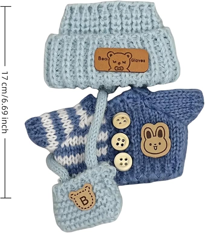 17cm Doll Clothes Set (Doll Not Included) -3-Piece-Handmade -Hat Clothes Backpackcrochet Outfit, Chicstylish Adorable Dolls Clothes Accessories [Blue]