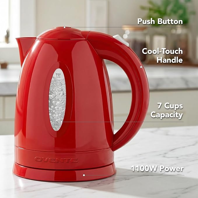 OVENTE Electric Kettle, 1.7L Fast Boiling Water Heater for Coffee or Tea, BPA Free with Water Level Gauge, Auto Shut-Off, Boil-Dry Protection, Indicator Light and Removable Filter, Red KP72R