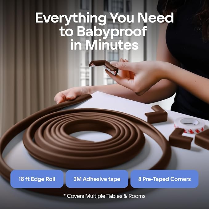 Baby Proofing Kit 18ft Edge Protector & 8 Corner Protectors, Non Toxic & Soft Rubber Foam, Baby Bumper & Corner Covers for Table, Desk, Crib, Fireplace, 3M Adhesive, Brown