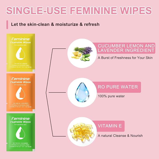 twoworld 150 Feminine Wipes Flushable Travel Individually Wrapped | Travel Wipes for Women,Feminine Care Wet Wipes Travel Size Vaginal Wipes for Adult,Girl and Homeless(Lemon,Cucumber,Lavender)
