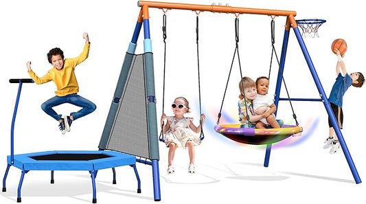 5-in-1 Kids Swing Sets for Backyard with Trampoline, 880lbs Heavy-Duty A-Frame Stand Metal Outdoor with 32 inch Saucer & Belt Swing, 55 inch Trampoline, Basketball Hoop, Led Light & Anchors