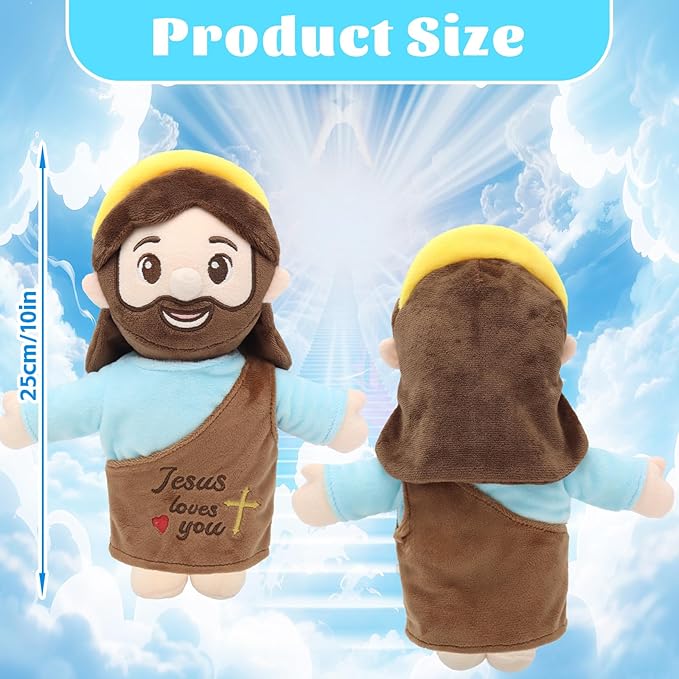 Jesus Plush 10", Jesus Plush Stuffed Doll with Halo, White-Skinned Big-Eyed Cute Plushie Gifts for Kids, Christian Stuff Religious Party Toys for Church Easter Christmas Baptisms Favors