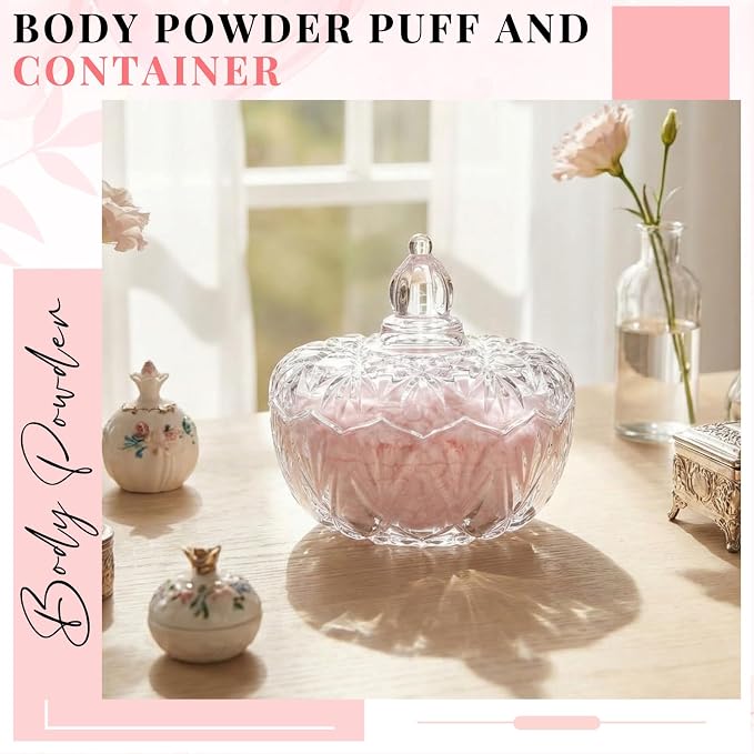Tioncy 2 Pcs Extra Large Dusting Powder Puff and Container for Women-6'' Glass Crystal Dusting Powder Container with Body Soft Washable Reusable Velour Face(Clear,Pumpkin)