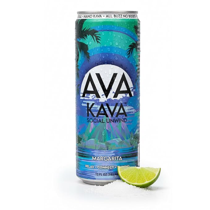 AVA Kava | Alcohol-Free Relaxation Drink | Margarita | Fast Acting Nano Kava • Zero Sugar Alcohols • Vegan • Plant Based • No Preservatives • Natural Flavors • Non GMO • Gluten Free | 12oz Cans (6-Pack)
