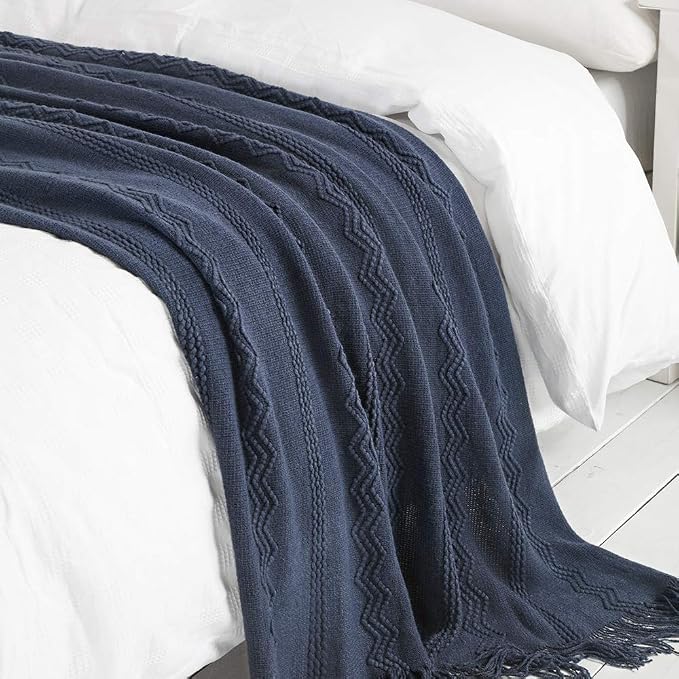 BOURINA Navy Throw Blanket 60x80 Inch Boho Knitted Soft Throw Sofa Blanket | Knitted Throw Blanket 60x80 Inches, Soft Lightweight Boho Weave Throw Decorative Couch Blanket for Living Room Bedroom Chair