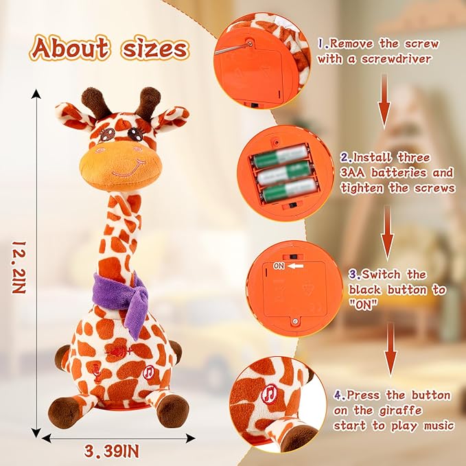LUKETURE Musical Dancing Talking Giraffe Plush Toy, Yellow and White Spotted, Talking Baby Toy with Lights, 10 Songs and Voice Repeat, Soft Sensory Gift