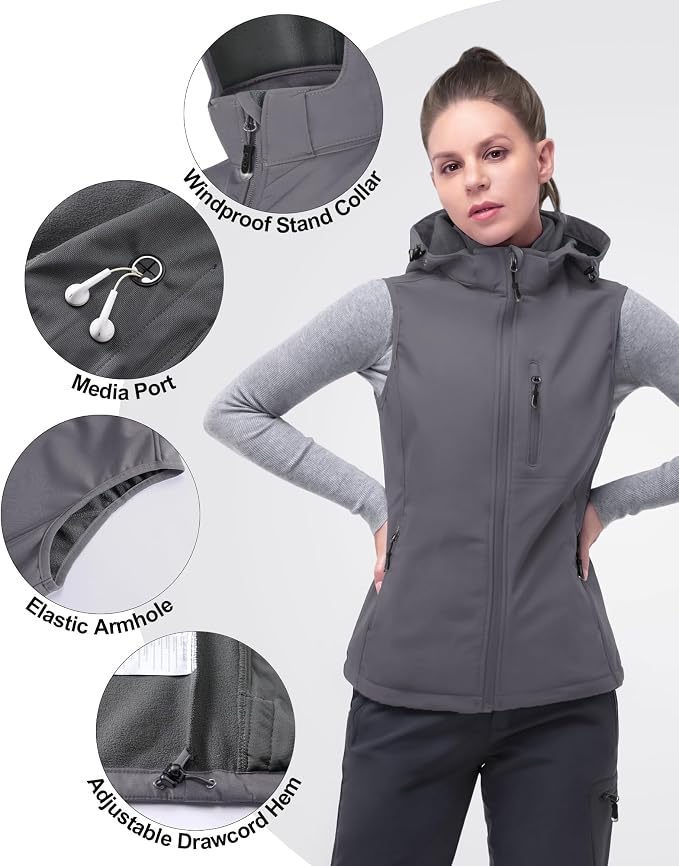 33,000ft Women's Hooded Lightweight Softshell Vest Fleece Lined Windproof Zip Up Sleeveless Jacket for Hiking Golf Running