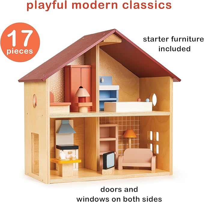 Mentari Toys - Poppets Dollhouse - Fully Furnished Open-Style Wooden Dollhouse with Windows & 4 Rooms - Compact House for Dolls - Great for Imaginative Play, Skill Development & Storytelling - Age 3+