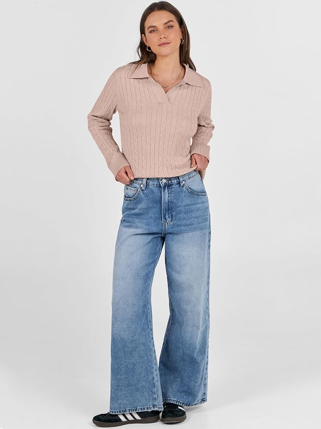 ANRABESS Womens Cable Knit Sweaters Long Sleeve V Neck | Pullover Collared Sweater Tops, Polo Knit Shirts, Business Casual Work, Tennis Golf, Fall Winter Fashion Outfits