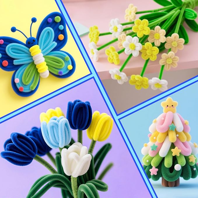 ASTARON 521 Pcs Pipe Cleaners Craft Set, 5 Colors Pipe Cleaners Bulk Pastel Chenille Stems for Craft Pipe Cleaner Flowers Making Kit with Floral Wires, Gardening Tape (Blue Yellow Series)